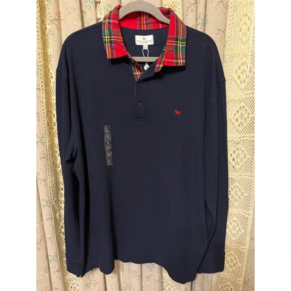 Simply Southern Navy Plaid Collar Long Sleeve Polo Shirt Mens Large NWT
